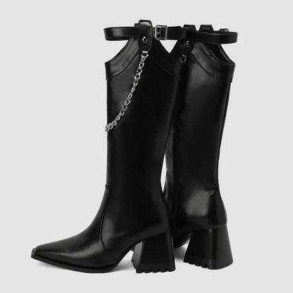 Chain Strap Buckle Decor Crocodile Print Pointed Toe Knee High Boots