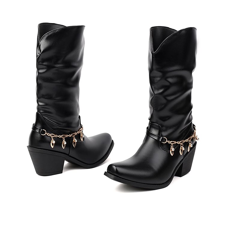 Metal Chain Decor Patchwork Square Toe Chunky Heel Mid Calf Boots