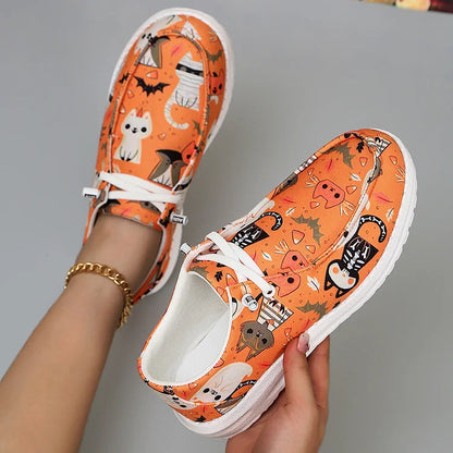 Halloween Element Pumpkin Ghost Skull Print Lace Up Canvas Casual Shoes