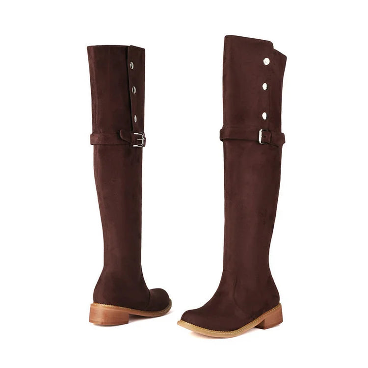 Metal Button Strap Buckle Decor Round Toe Over The Knee Boots