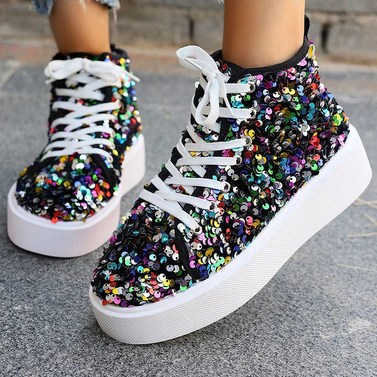 Glitter Sequins Lace Up Round Toe Fashion Casual Shoes