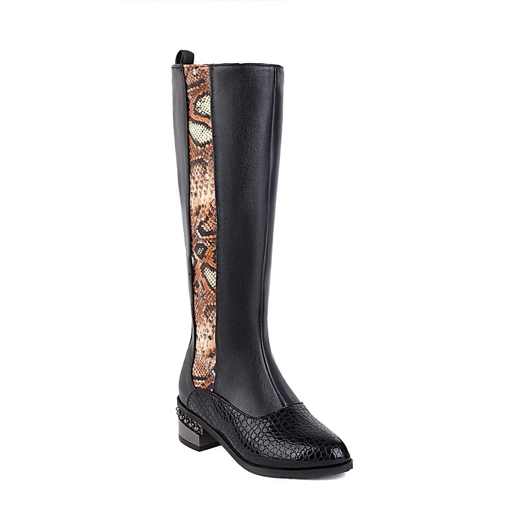 Animal Print Patchwork Pointed Toe Chunky Heel Knee High Boots