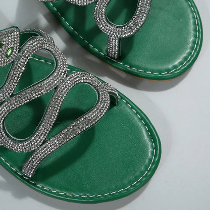 Rhinestone Snake Shaped Strap Round Toe Slippers