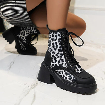 Patchwork Round Toe Leopard Print Chunky Heel Lace Up Mid Boots