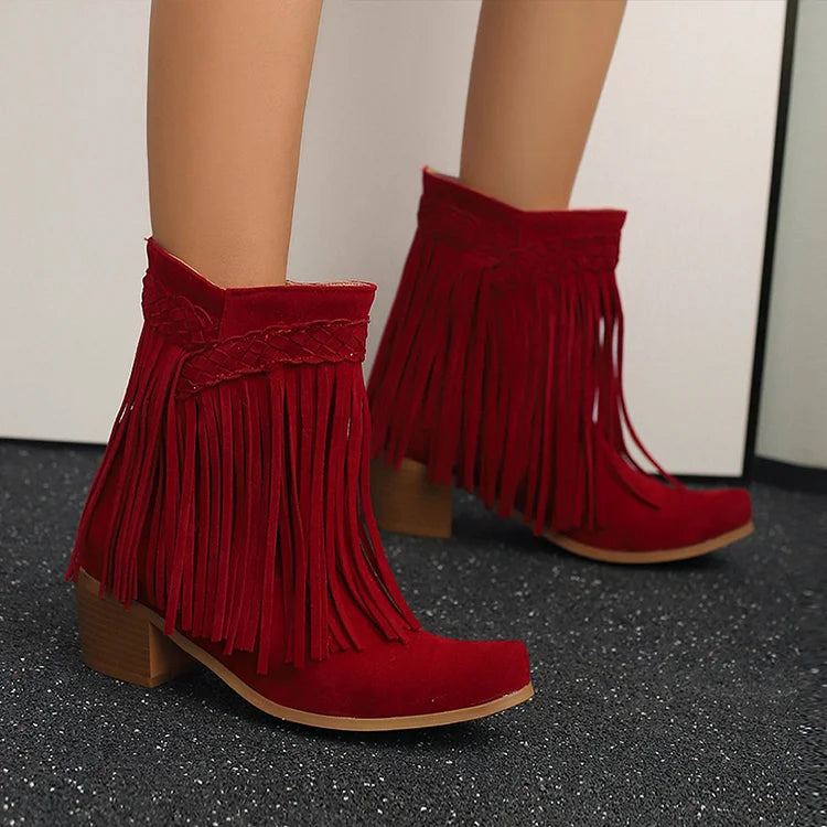 Pointed Toe Braided Fringed Trim Solid Color Chunky Heel Mid Boots