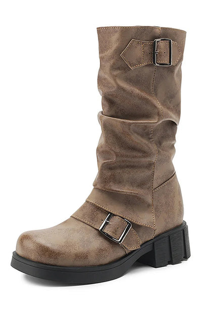 Solid Color Two Straps Buckles Round Toe Chunky Heel Mid Boots