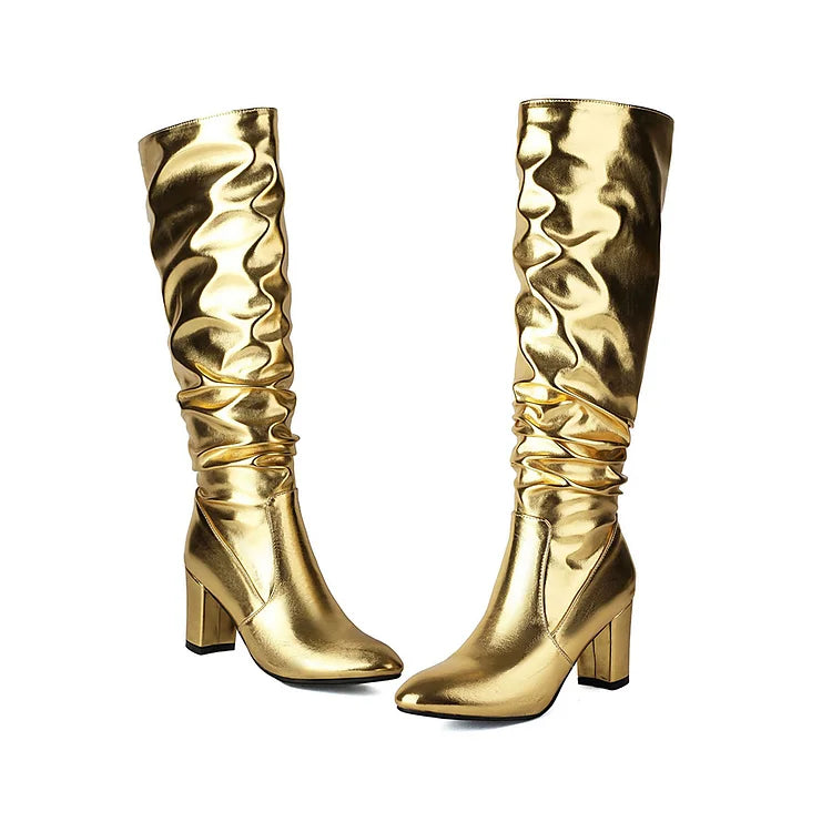 Metallic Sheen Slouch Pointed Toe Chunky Heel Knee High Boots