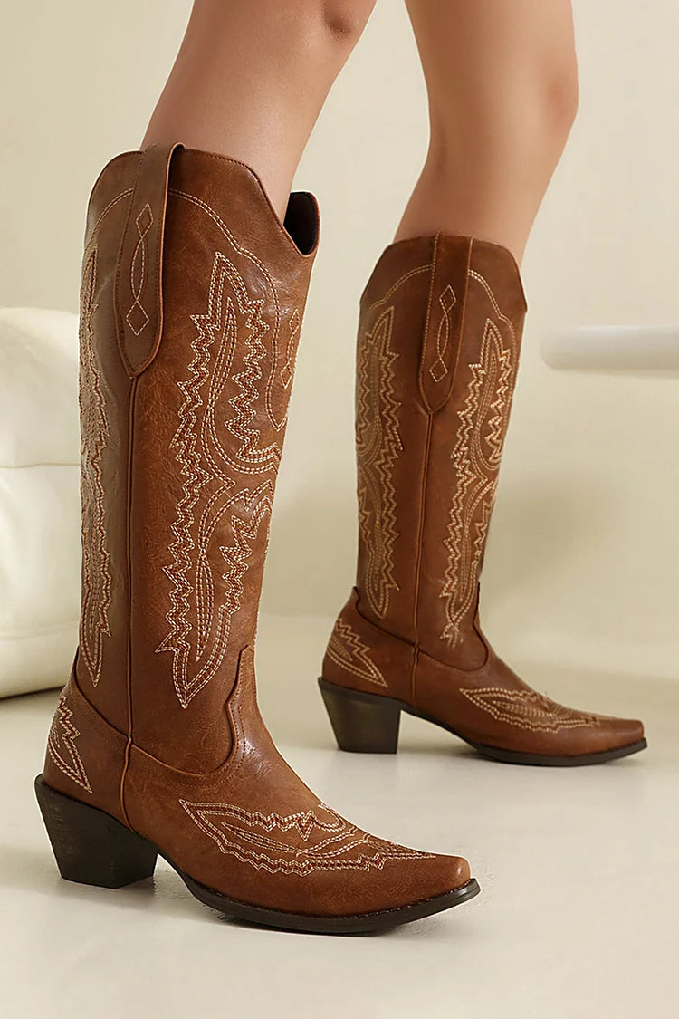 Pointed Toe Embroidery Patchwork Chunky Heel Pull On Western Boots