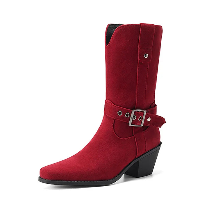 Patchwork Strap Buckle V Cut Square Toe Chunky Heel Mid Boots