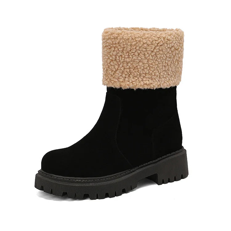 Patchwork Fluffy Trim Round Toe Chunky Heel Pull On Snow Boots