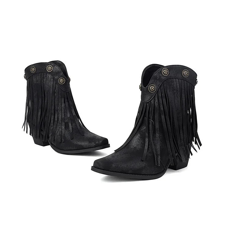 Fringed Trim Metallic Studded Square Toe Chunky Heel Ankle Boots