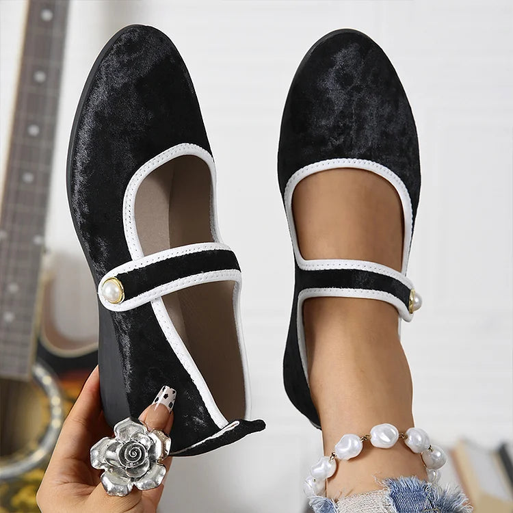 Contrast Trim Instep Strap Buckle Round Toe Velvet Flats