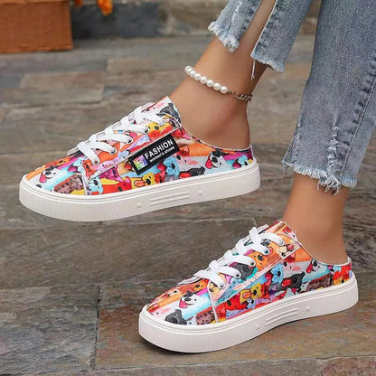 Canvas Multicolor Print Round Toe Slip On Lace Up Sneakers