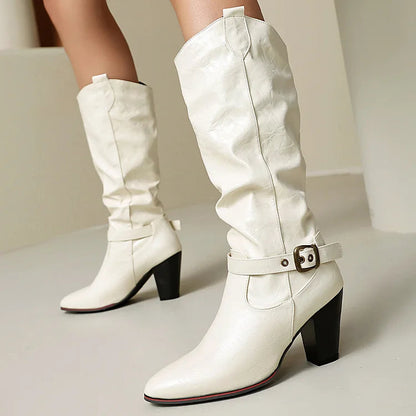 Pointed Toe Chunky Heel Strap Buckle Decor Solid Color Mid Calf Boots