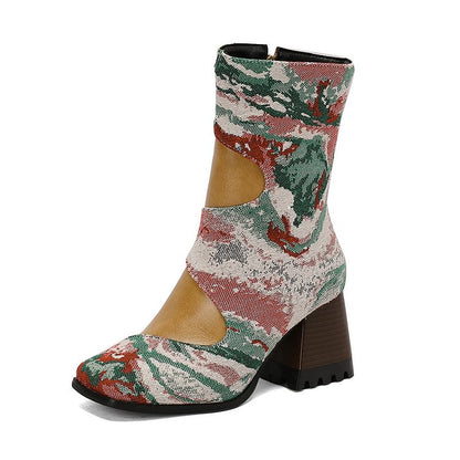 Snake Print Patchwork Square Toe Chunky Heel Mid Calf Boots