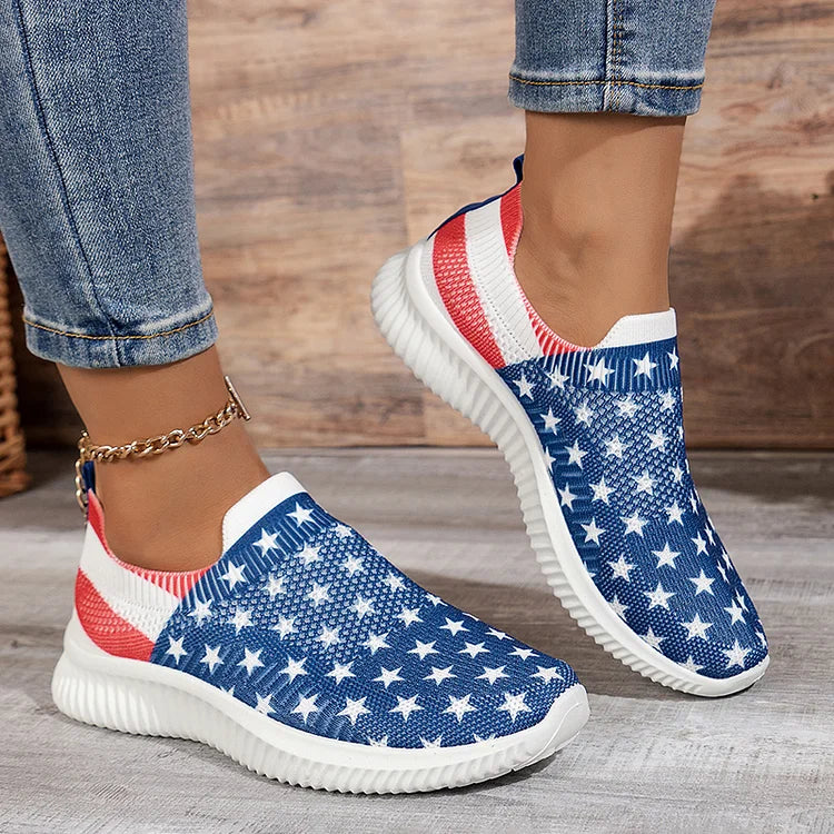 Striped Star Pattern Print Slip On Casual Lightweight Sneakers