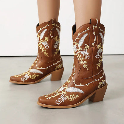 Floral Embroidery Patchwork Pointed Toe Chunky Heel Western Boots