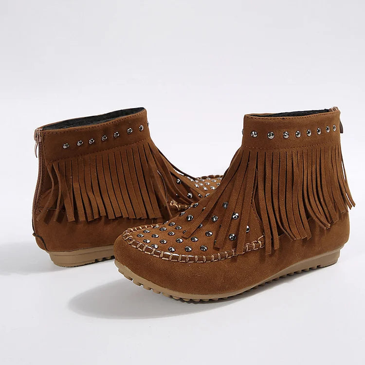 Metal Rivets Round Toe Fringed Trim Zipper Ankle Boots