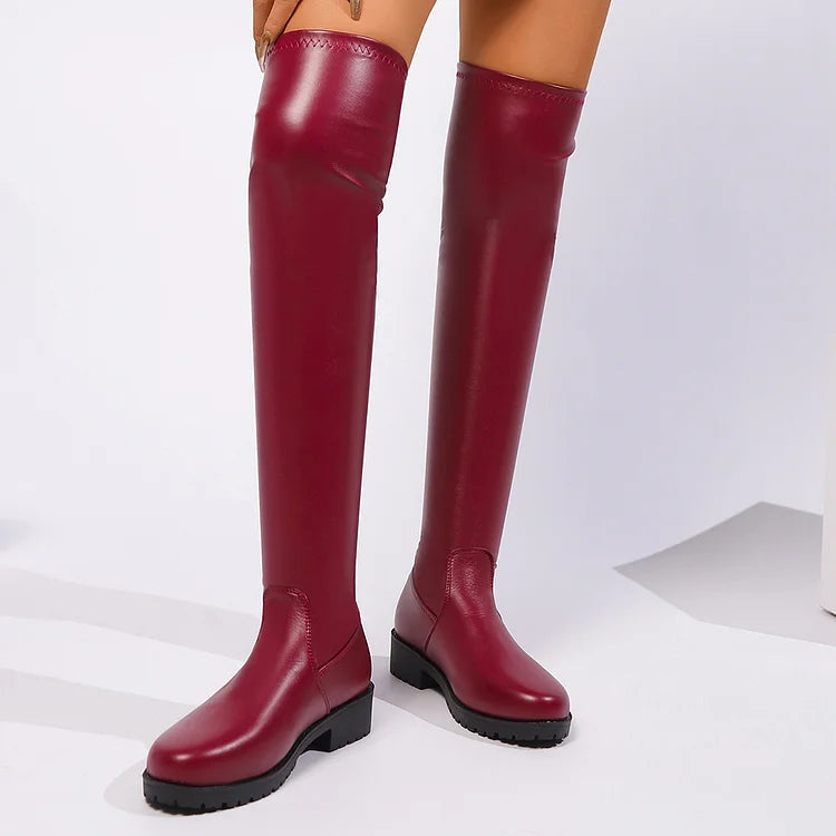 Solid Color Round Toe Patchwork Low Block Heel Over The Knee Boots