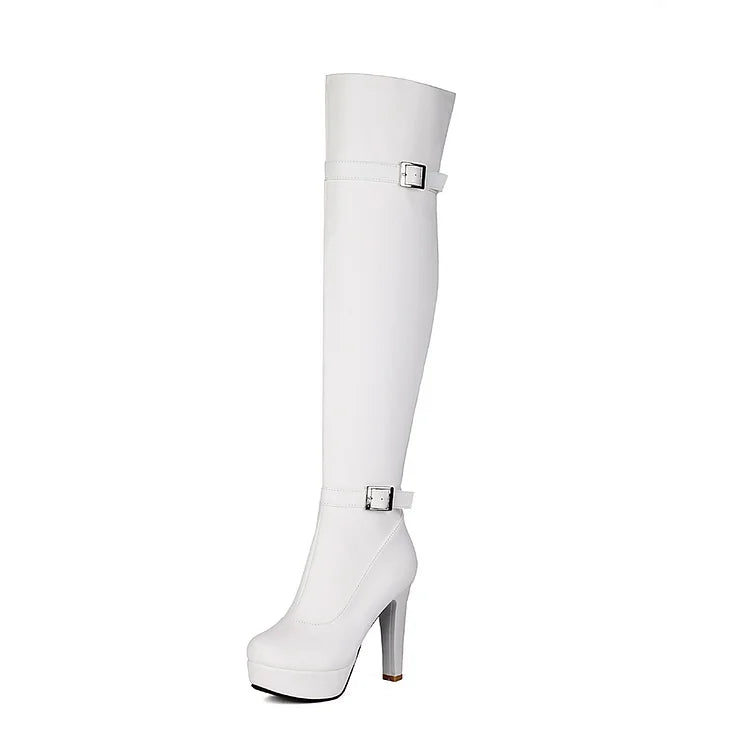 Two Strap Buckle Decor Zipper Round Toe Chunky Heel Over The Knee Boots