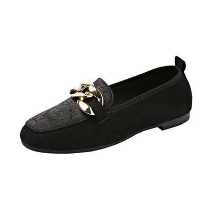 Floral Jacquard Patchwork Metal Chain Decor Round Toe Loafers