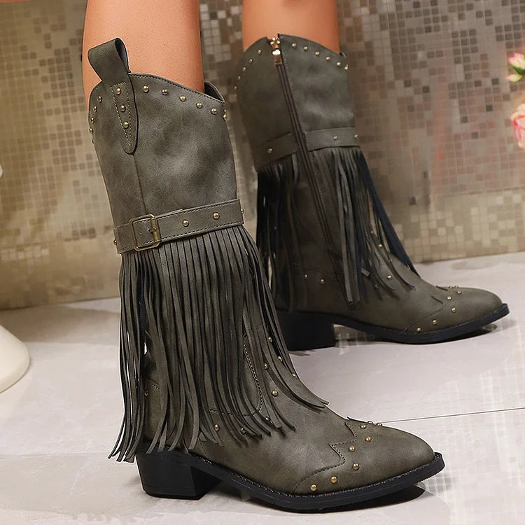 Metal Rivets Fringed Trim Pointed Toe Chunky Heel Mid Calf Boots