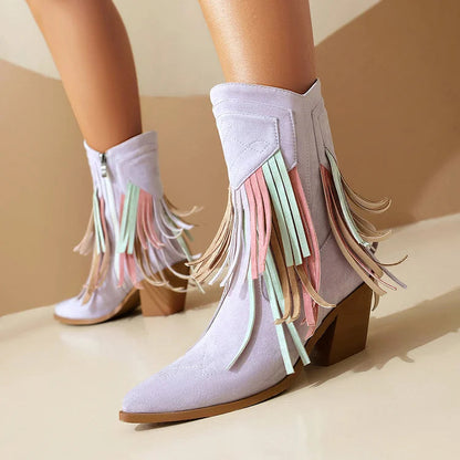 Multicolor Fringed Trim Zipper Pointed Toe Chunky Heel Western Boots