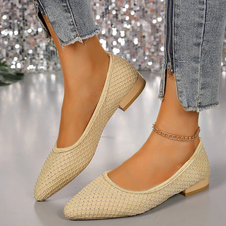 Rhinestone Decor Fishnet Patchwork Pointed Toe Flats