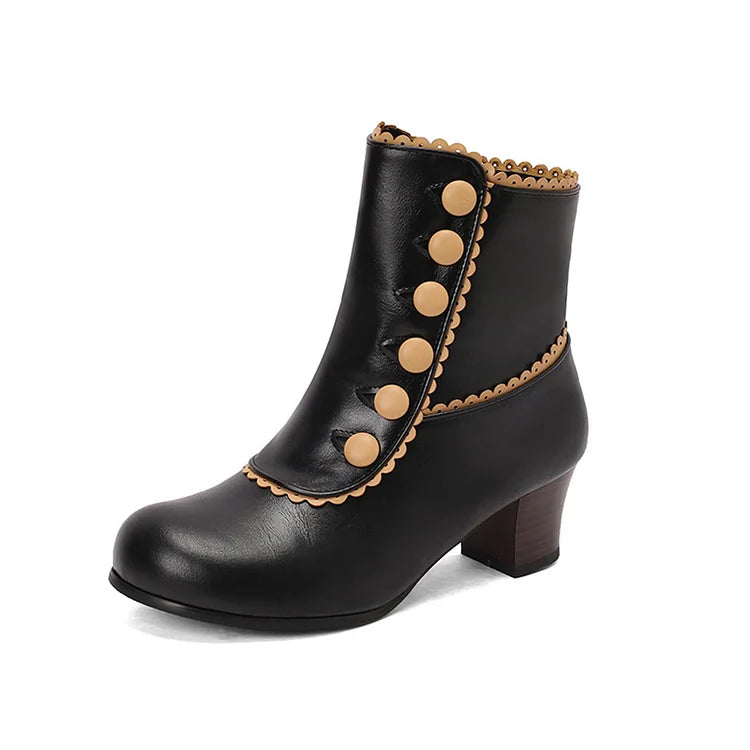 Buttons Colorblock Trim Round Toe Chunky Heel Ankle Boots