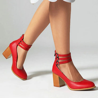 Casual Ankle Straps Buckles Plain Chunky Heels