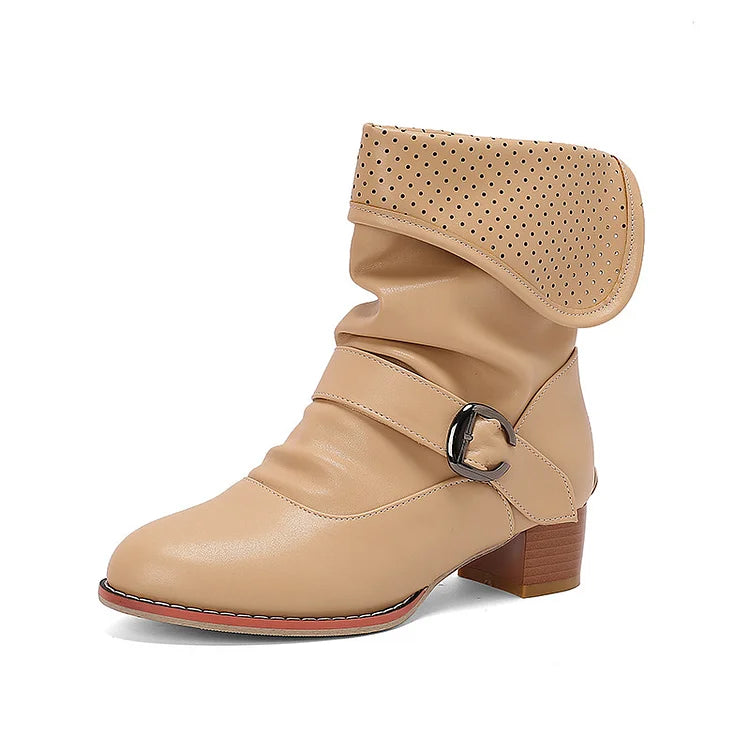 Colorblock Fold Patchwork Strap Buckle Chunky Heel Ankle Boots