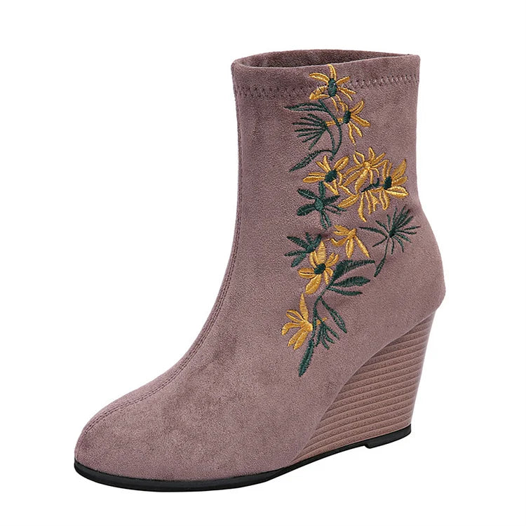 Floral Embroidery Round Toe Wedge Heel Pull On Ankle Boots