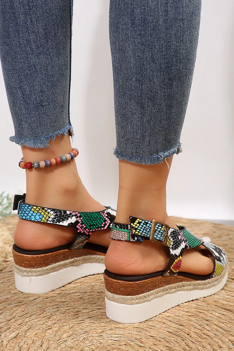 Snake Zebra-Striped Print Cross Belt Buckle Wedge Espadrille Sandals