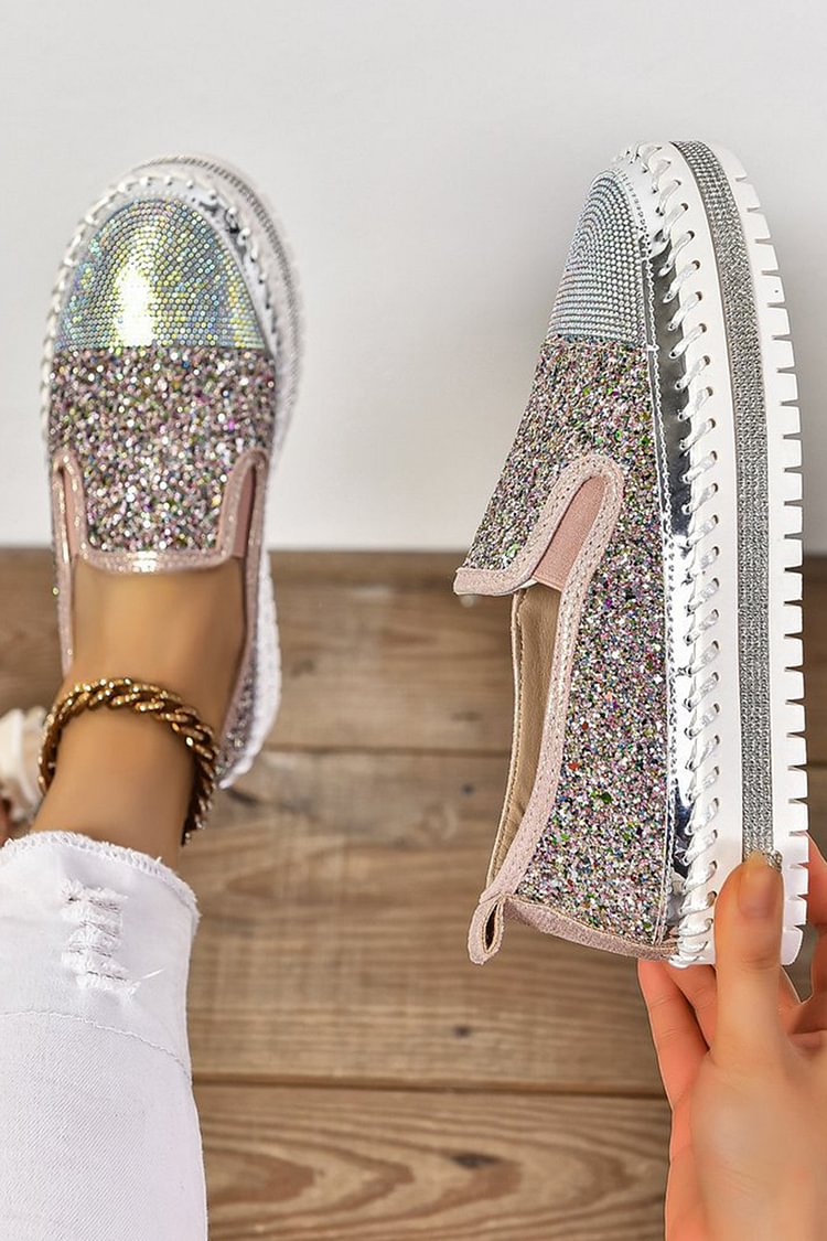 Rhinestone Decor Glittering Stitch Detail Round Toe Loafers