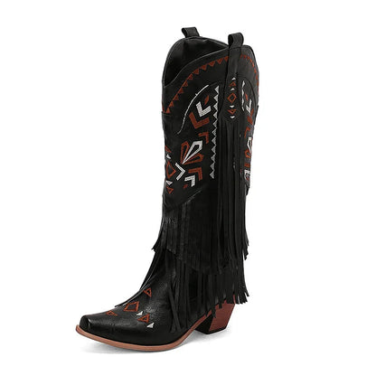 Tribal Pattern Embroidery Fringe Pointed Toe Chunky Heel Western Boots