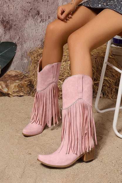 Fringed Trim Solid Color Pointed Toe Chunky Heel Mid Calf Boots