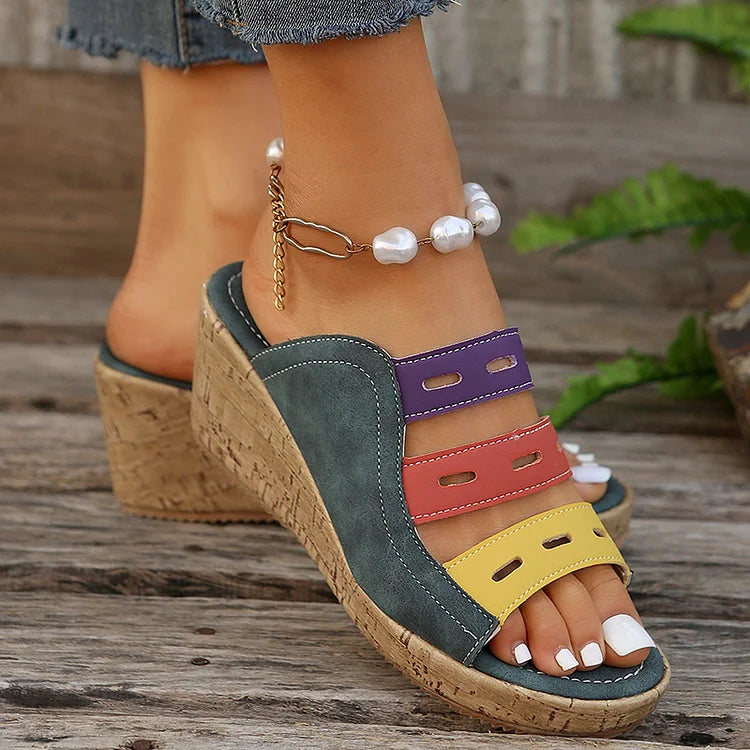 Color Block Quilted Hollow Out Peep Toe Wedge Slippers