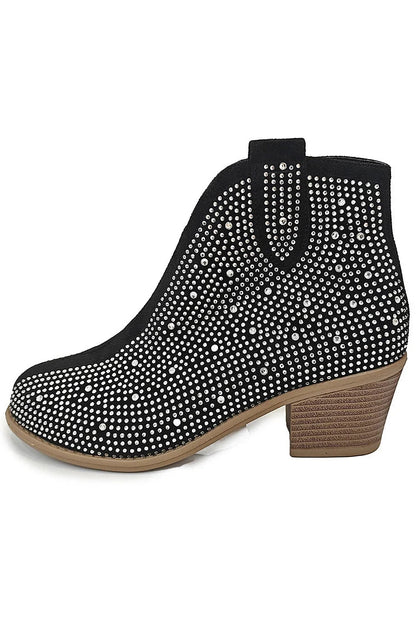 Rhinestone Decor V Cut Round Toe Chunky Heel Ankle Boots