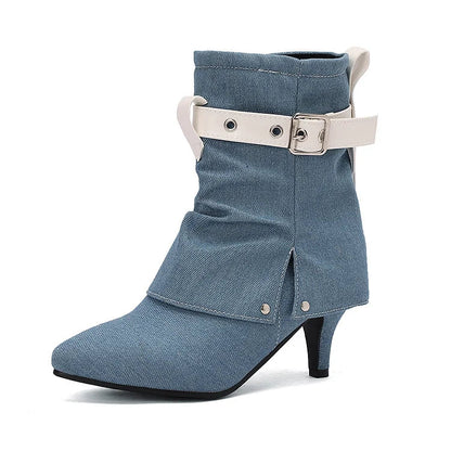 Colorblock Strap Buckle Fold Pointed Toe Stiletto Heel Ankle Boots