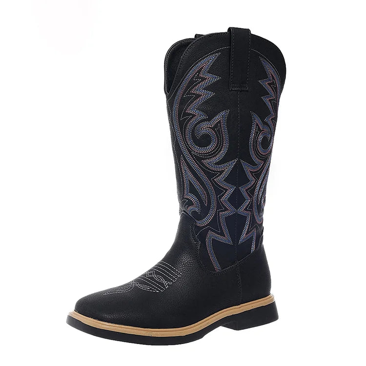 V Groove Embroidery Stitch Detail Square Toe Patchwork Mid Calf Boots