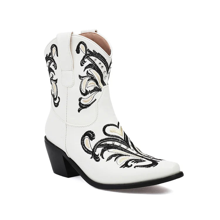 Embroidery Metallic Studded Square Toe Chunky Heel Western Boots