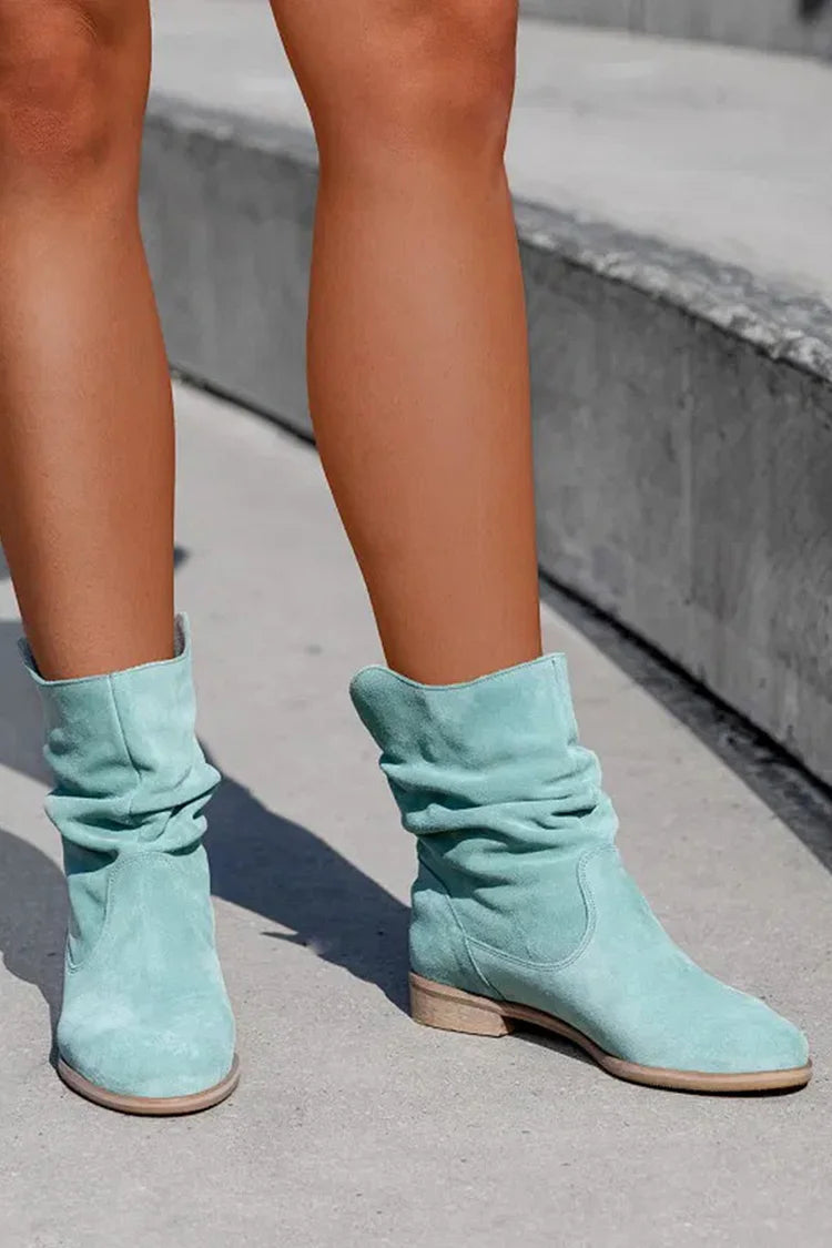 Solid Color Patchwork Round Toe V Cut Slouch Ankle Boots