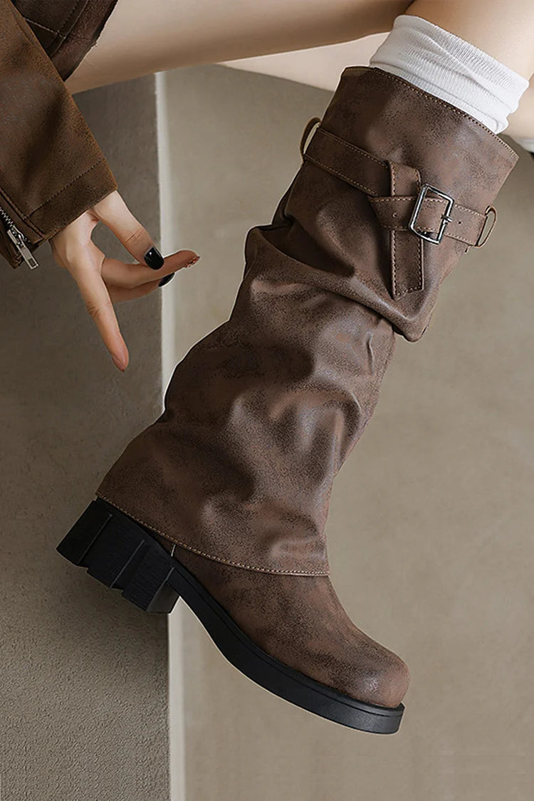 Strap Buckle Decor Fold Over Round Toe Chunky Heel Long Boots