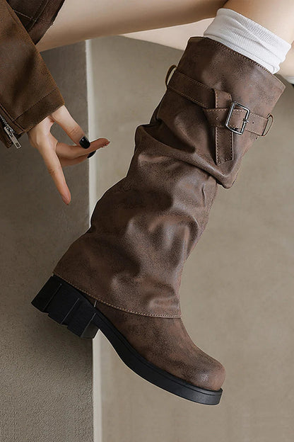 Strap Buckle Decor Fold Over Round Toe Chunky Heel Long Boots