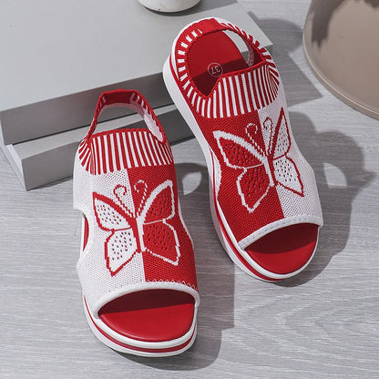 Butterfly Print Cut Out Peep Toe Knit Breathable Platform Sandals