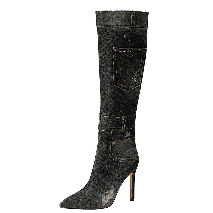 Denim Pocket Decor Patchwork Pointed Toe Stiletto Heel Knee High Boots