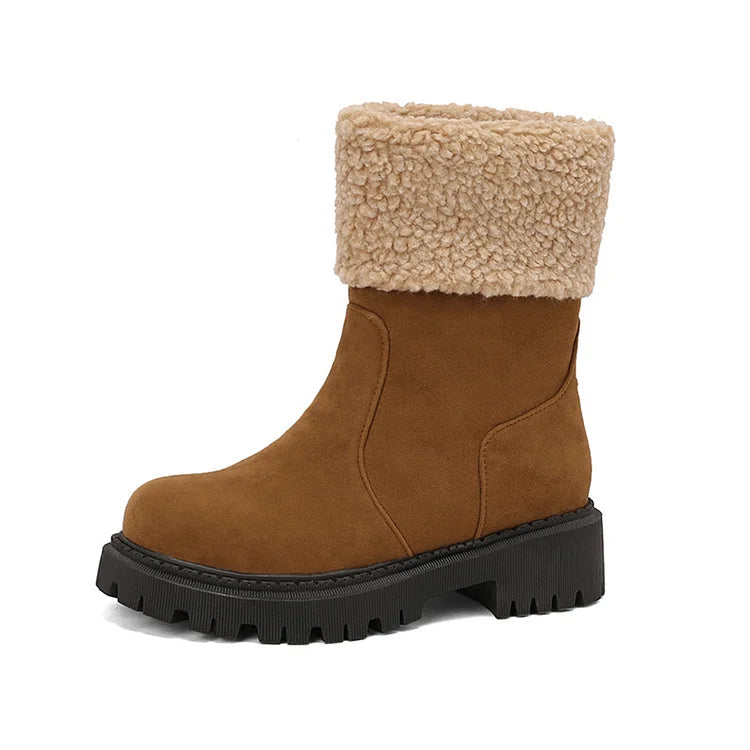 Patchwork Fluffy Trim Round Toe Chunky Heel Pull On Snow Boots