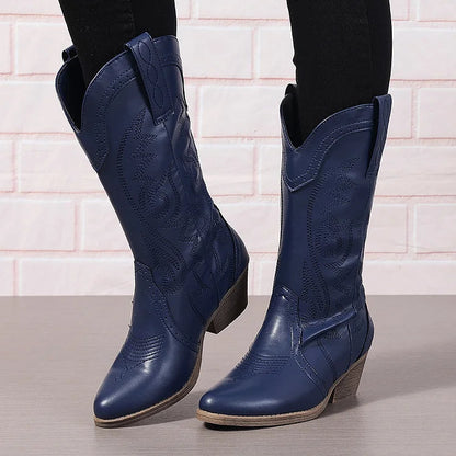 Colorblock Stitch Detail Floral Pattern Pointed Toe Mid Calf Boots