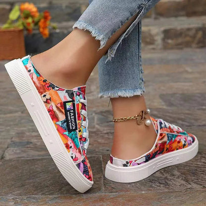 Canvas Multicolor Print Round Toe Slip On Lace Up Sneakers