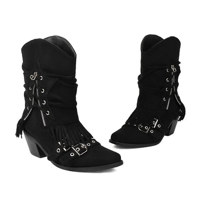 Fold Over Fringed Trim Zipper Pointed Toe Chunky Heel Western Boots